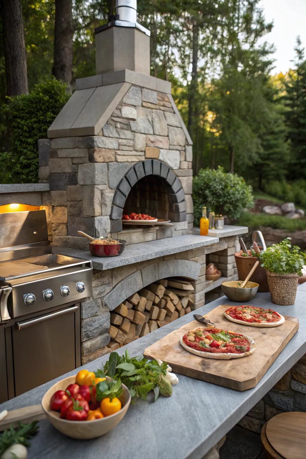 An inviting outdoor kitchen featuring a built-in pizza oven, ideal for creating gourmet pizzas.
