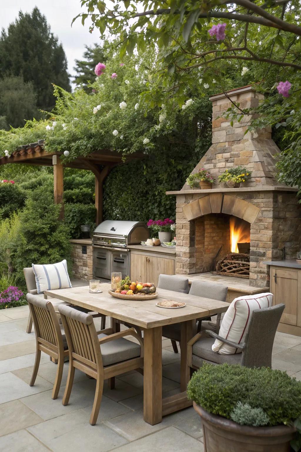 Stay warm with a cozy fireplace in your outdoor kitchen.