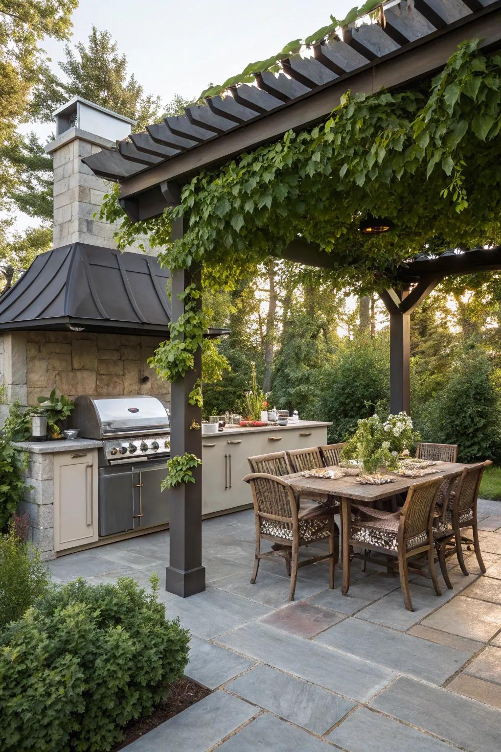 Enjoy the perfect mix of sun and shade with a pergola-style roof.