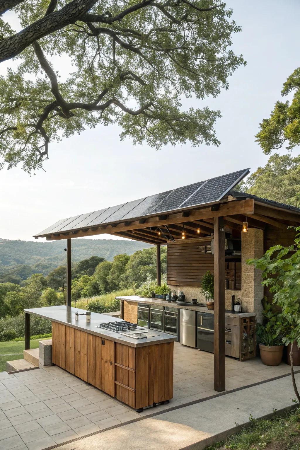 A solar-powered roof provides both shade and energy for an outdoor kitchen.