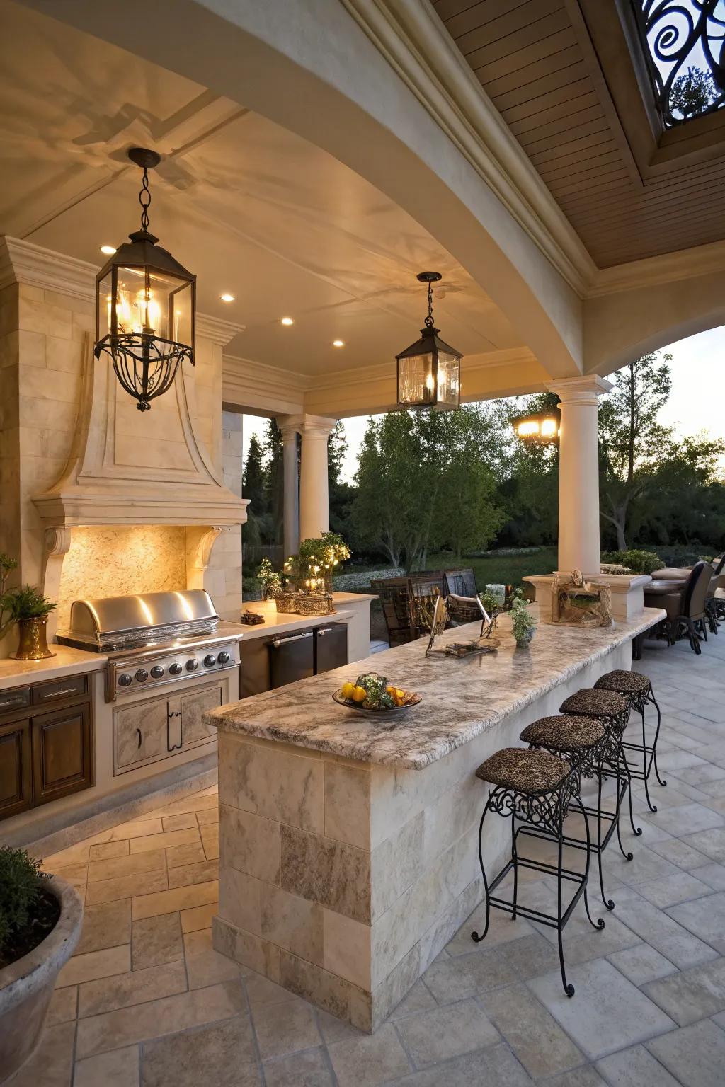 Add a touch of luxury to your outdoor kitchen with timeless marble tiles.