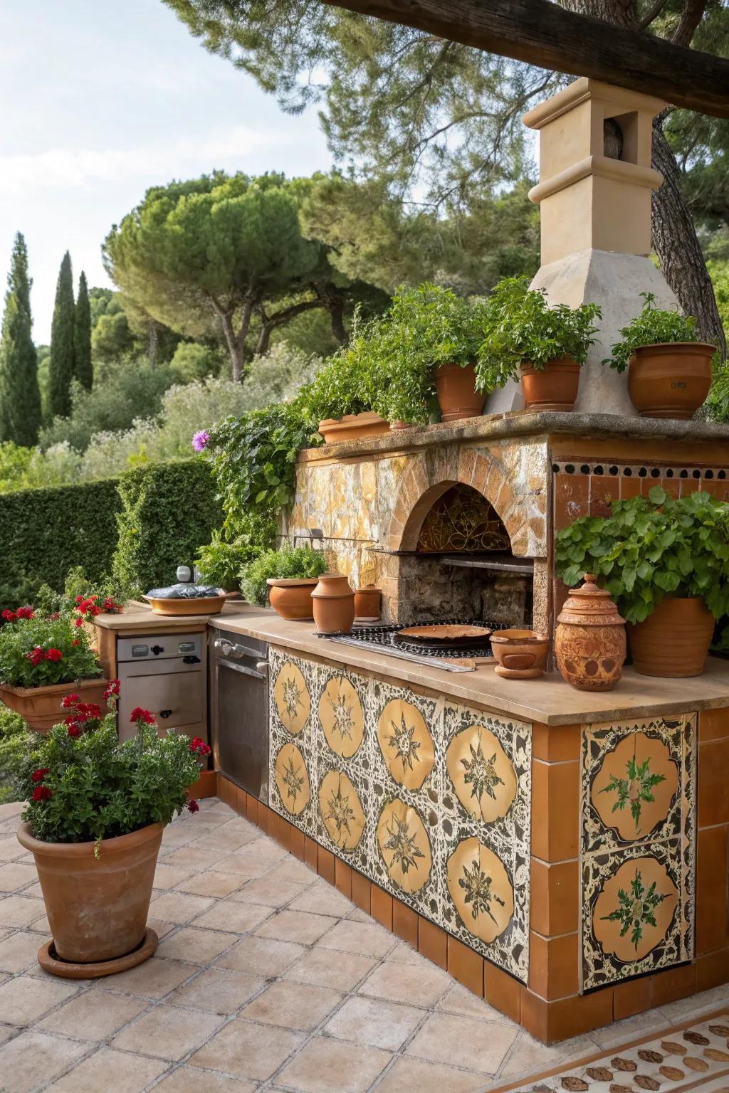 Mediterranean-style outdoor kitchen with vibrant, intricate tiles.