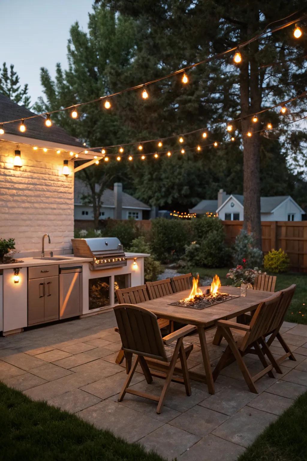 String lights add a magical touch to an outdoor kitchen with a fire pit.