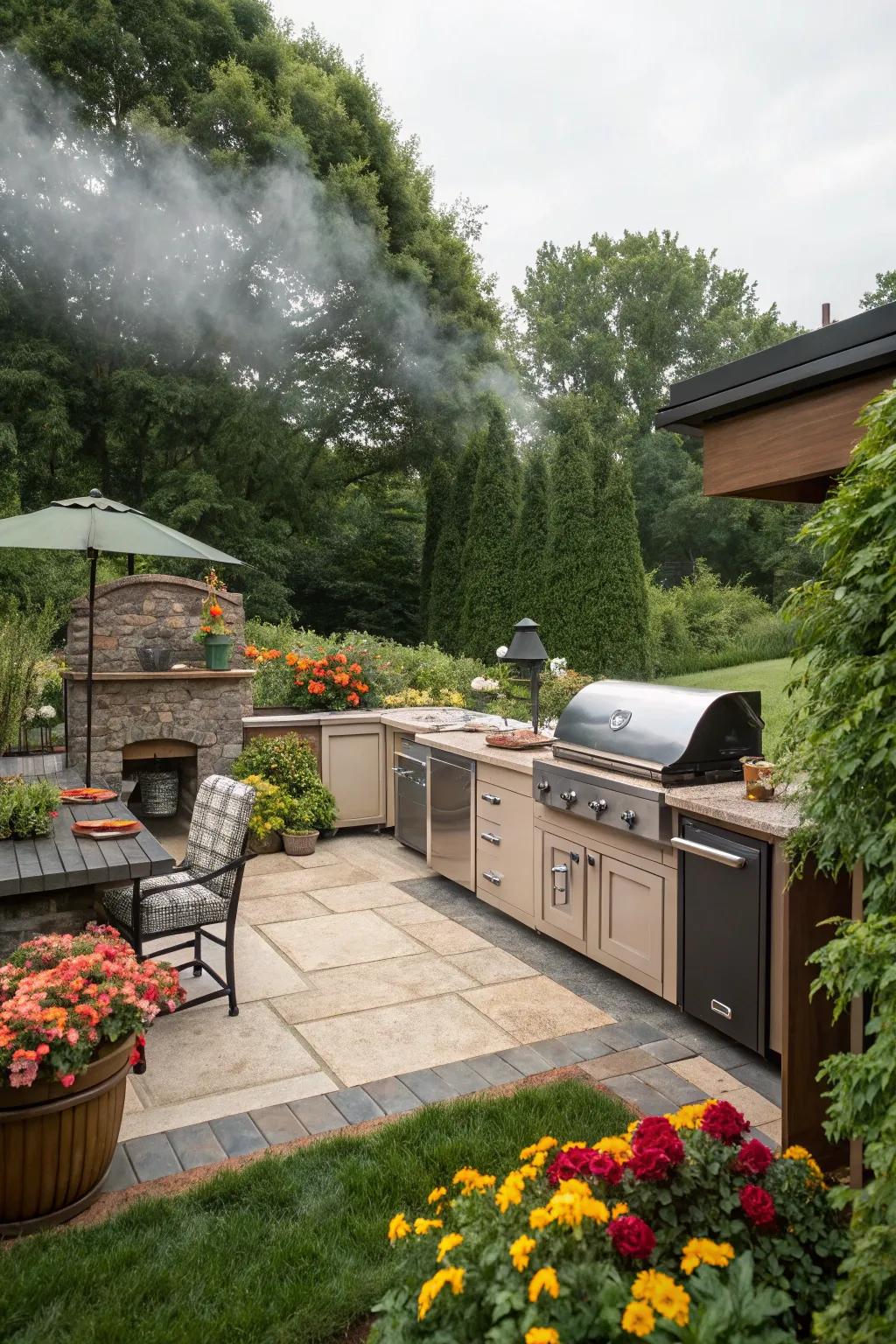 Garden oasis with an offset smoker in a lush outdoor kitchen.