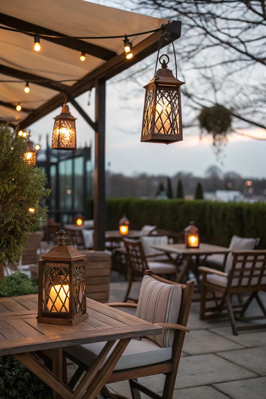 Enhance your patio with cozy lantern lighting.