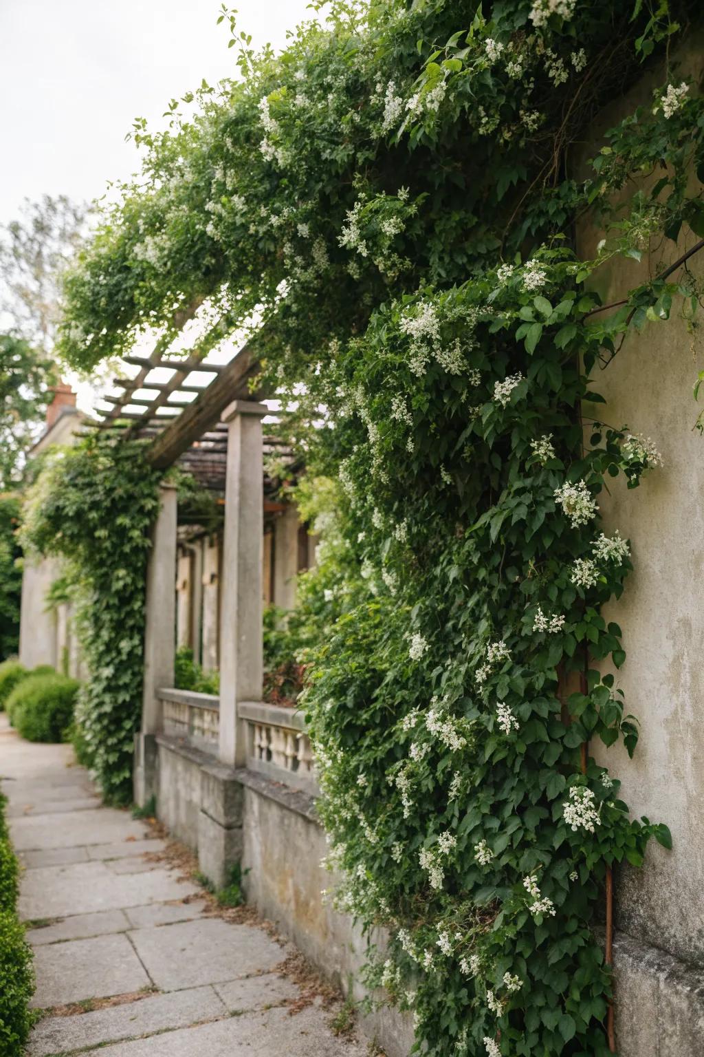 Climbing plants on a trellis bring timeless charm to any garden wall.