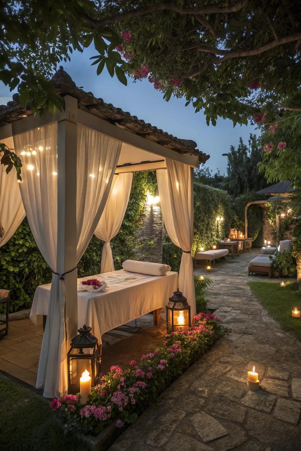 Ambient lighting enhances the relaxation of an outdoor massage.