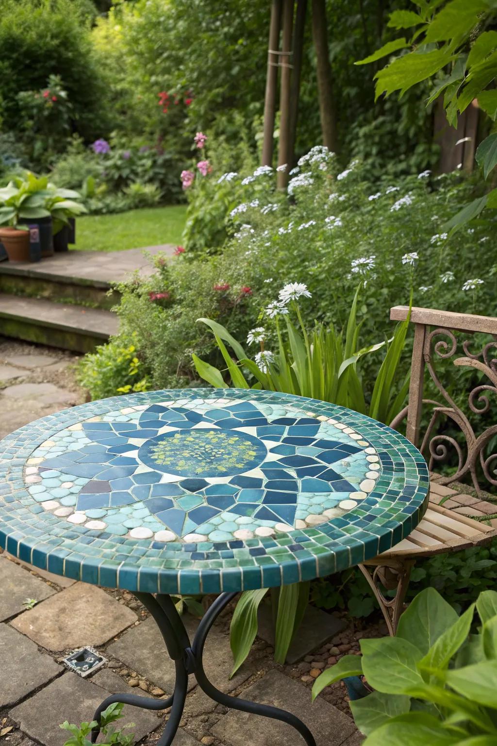 A mosaic-adorned table that adds elegance to any garden gathering.