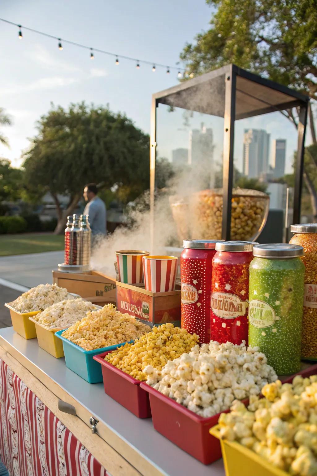 A popcorn bar is a fun way to offer snacks with a personal touch.