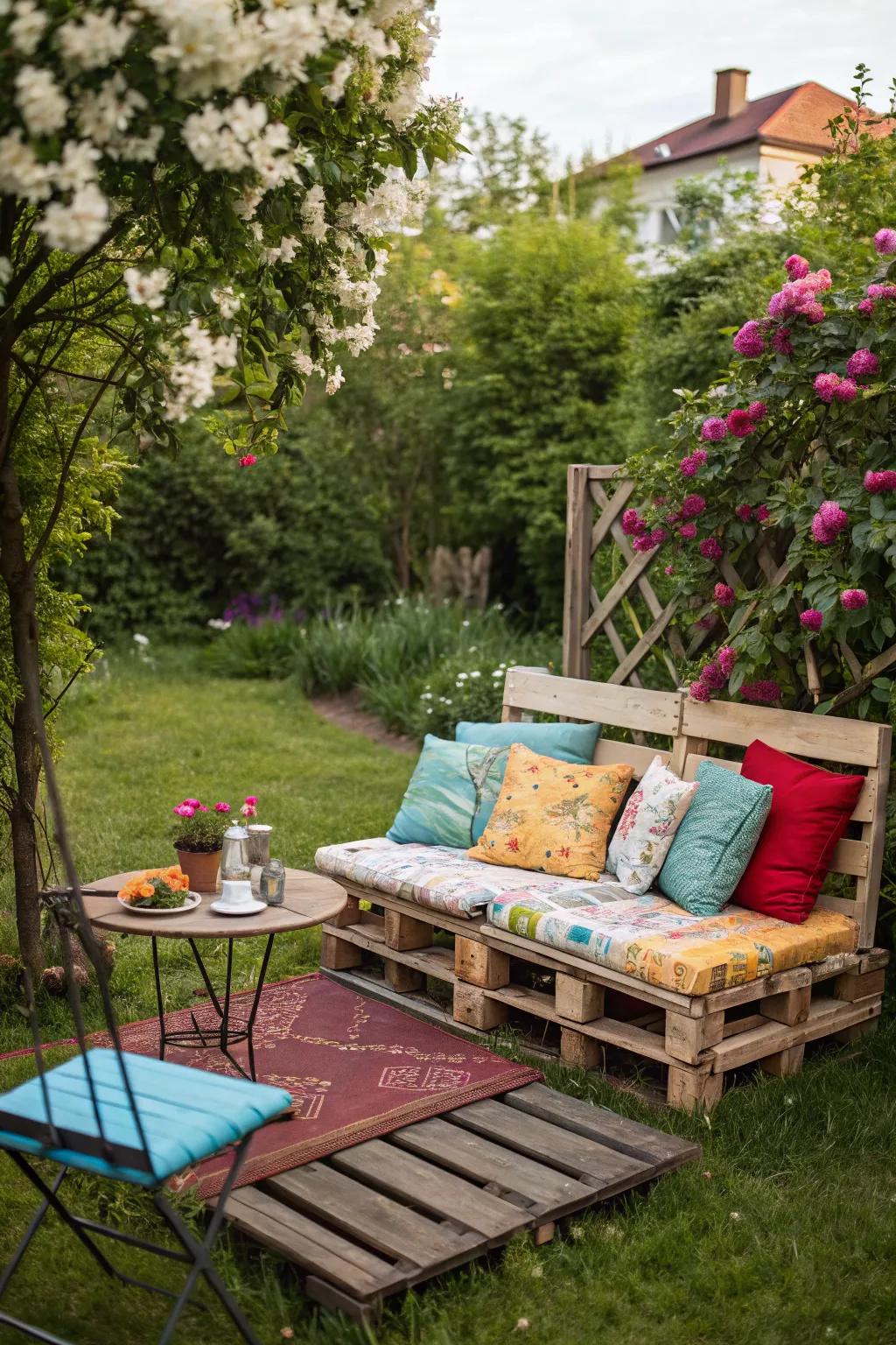 Craft a cozy seating nook with pallets and cushions.
