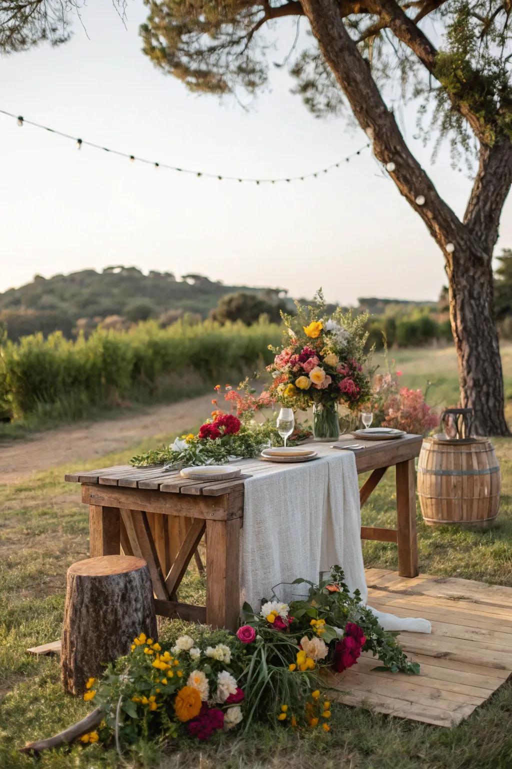 Rustic wooden tables bring natural charm to outdoor gatherings.