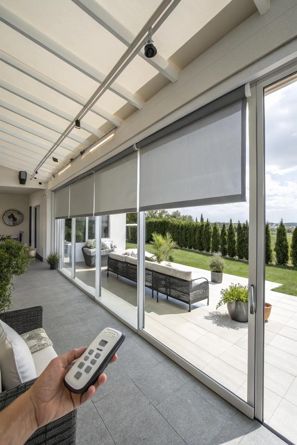Motorized blinds provide ease and style for any patio.