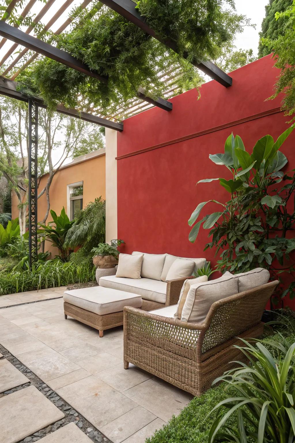 A red accent wall adds a modern touch to any patio setting.