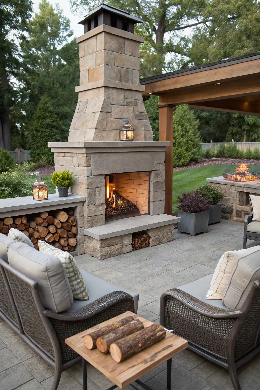 Practical elegance: a fireplace with built-in wood storage.