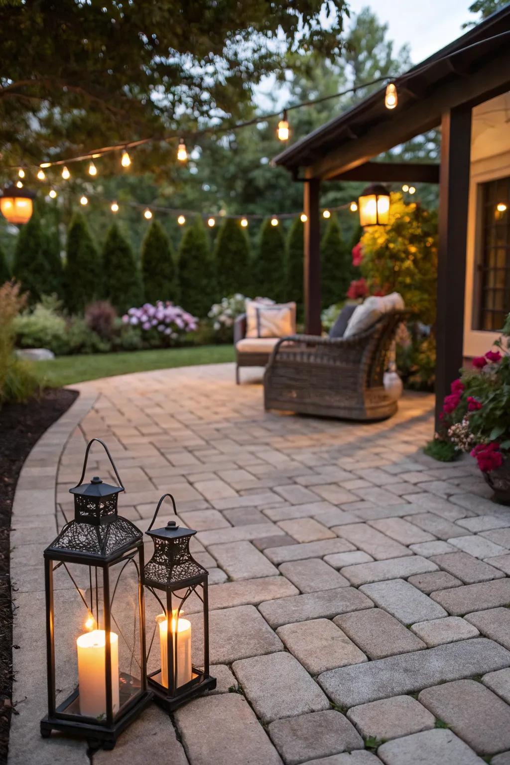 Soft lighting creates a magical and inviting evening atmosphere.