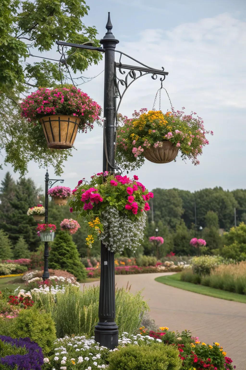 Hanging flower baskets offer a beautiful vertical floral display.