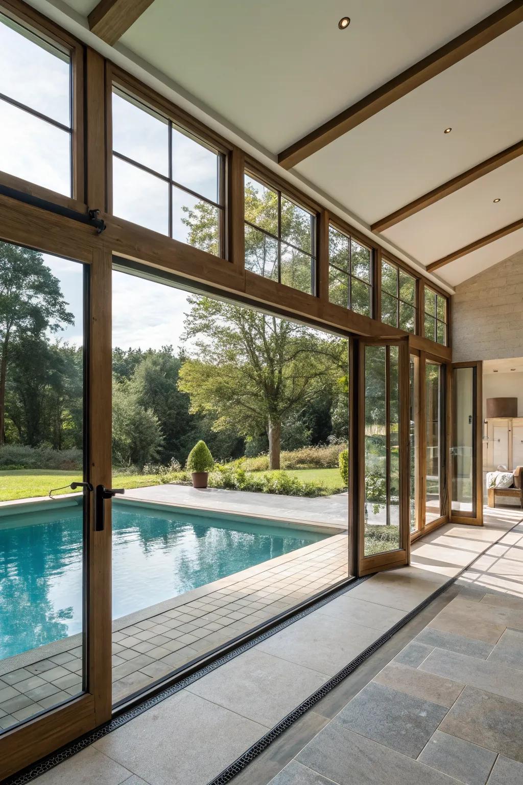 An open and airy pool house design that seamlessly connects indoor and outdoor spaces.