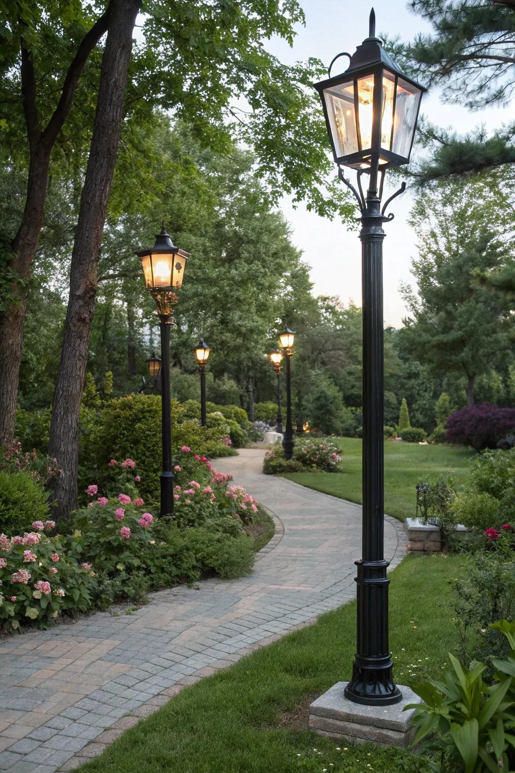 Tall post lights add grandeur and sophistication to open spaces.