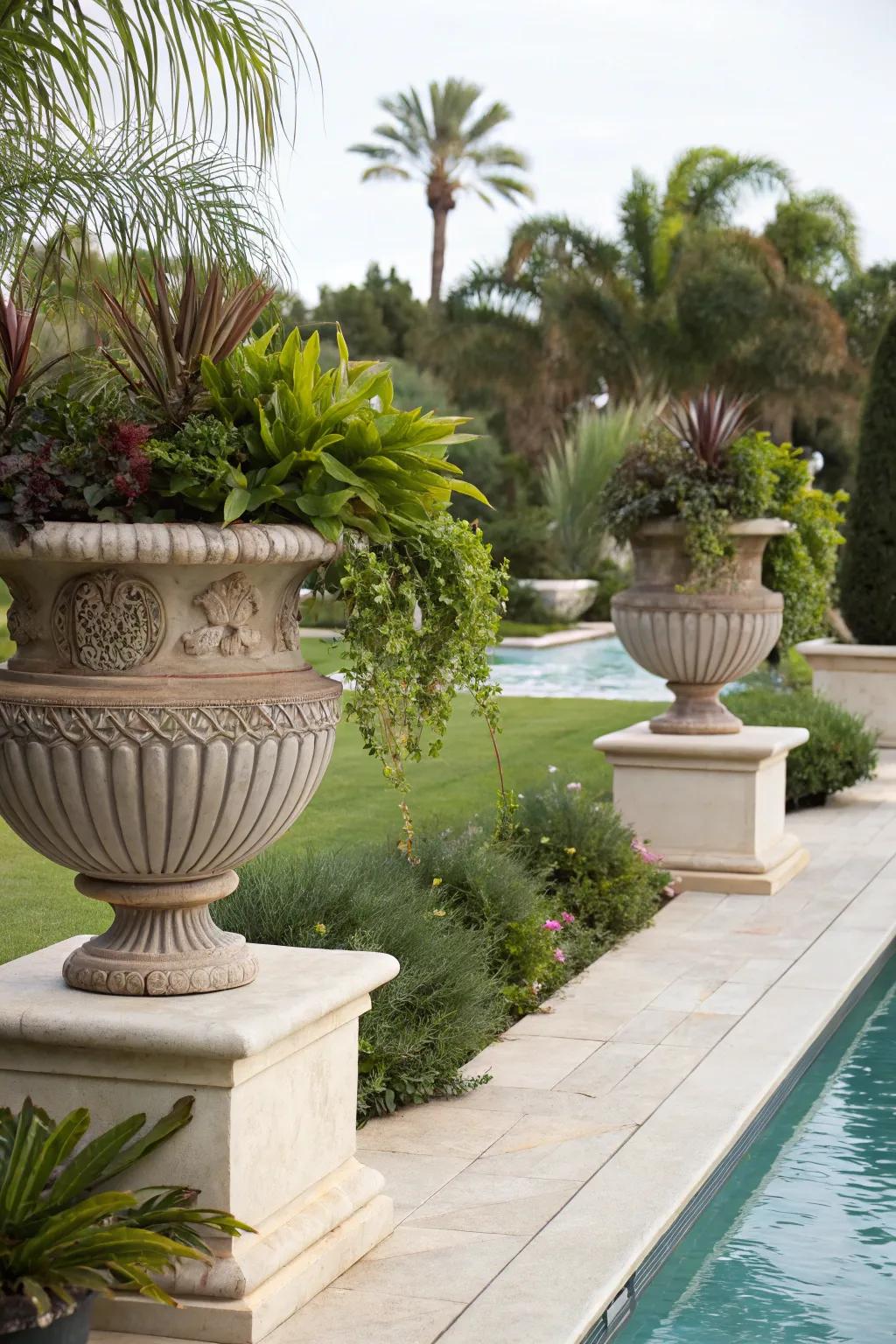 Elegant pots add sophistication to poolside decor.