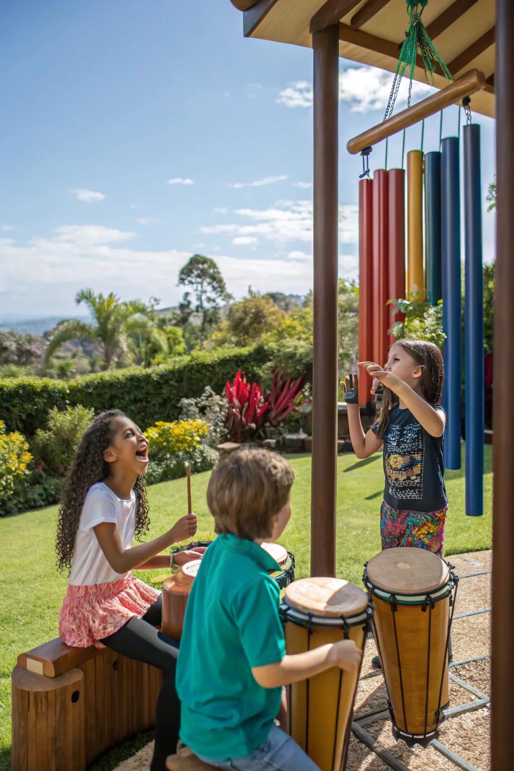 Children creating music with outdoor instruments in a playground.