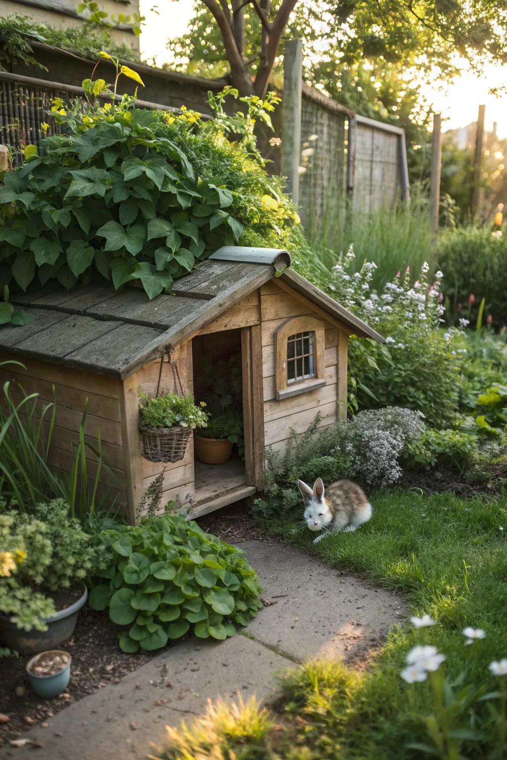A charming rabbit shelter offering comfort and shade.
