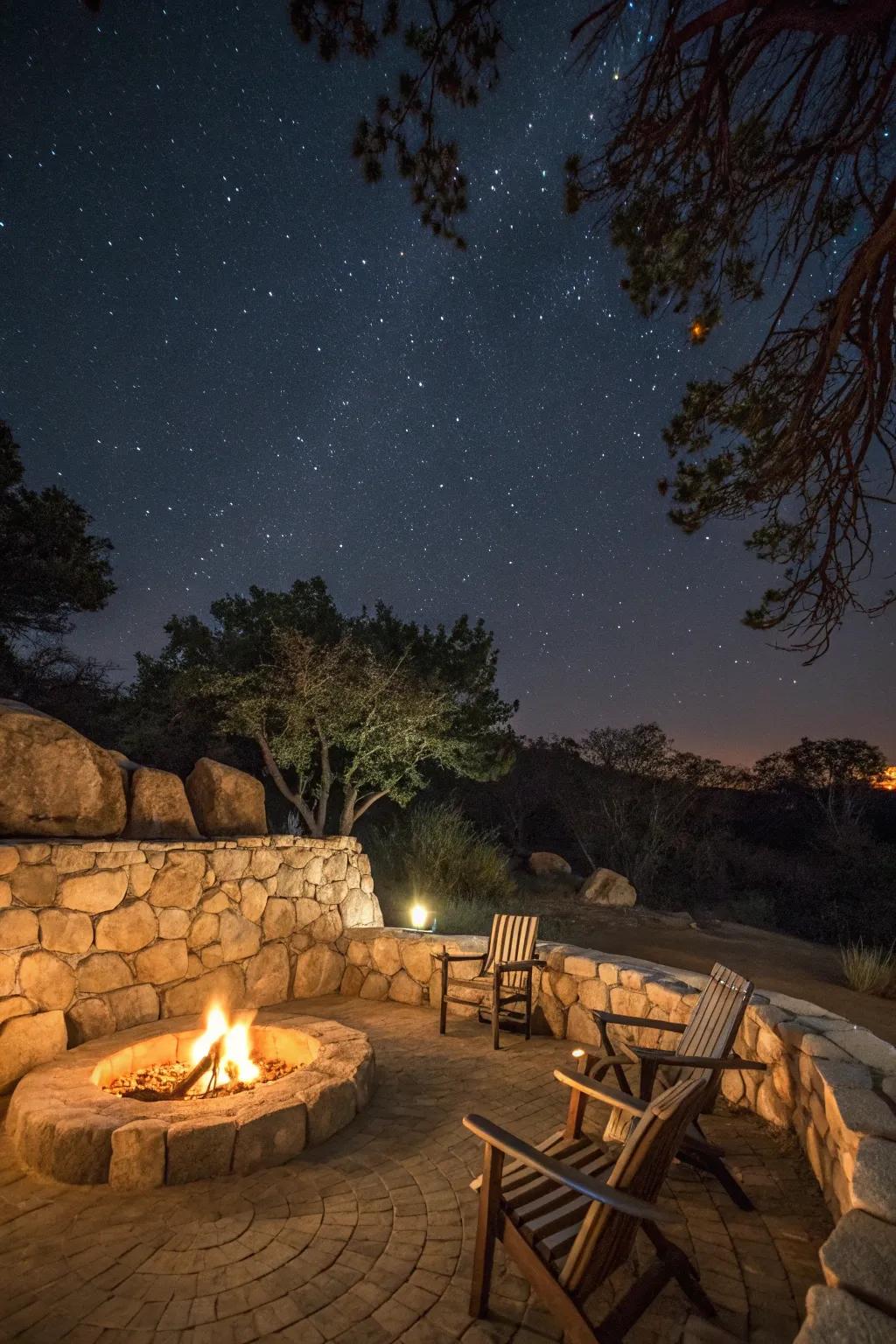 Rock walls can create a magical ambiance around fire pits.