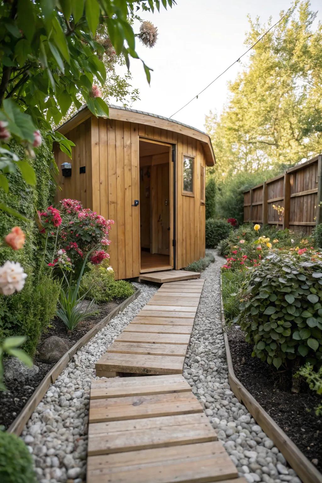A wooden pathway adds a rustic charm to your sauna experience.