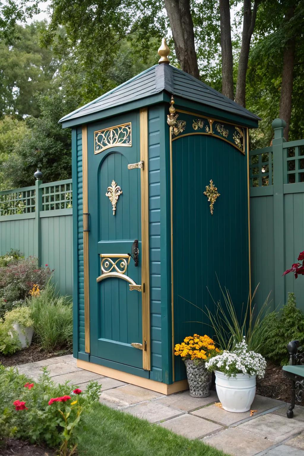 A teal shed makes a bold, luxurious statement in the garden.