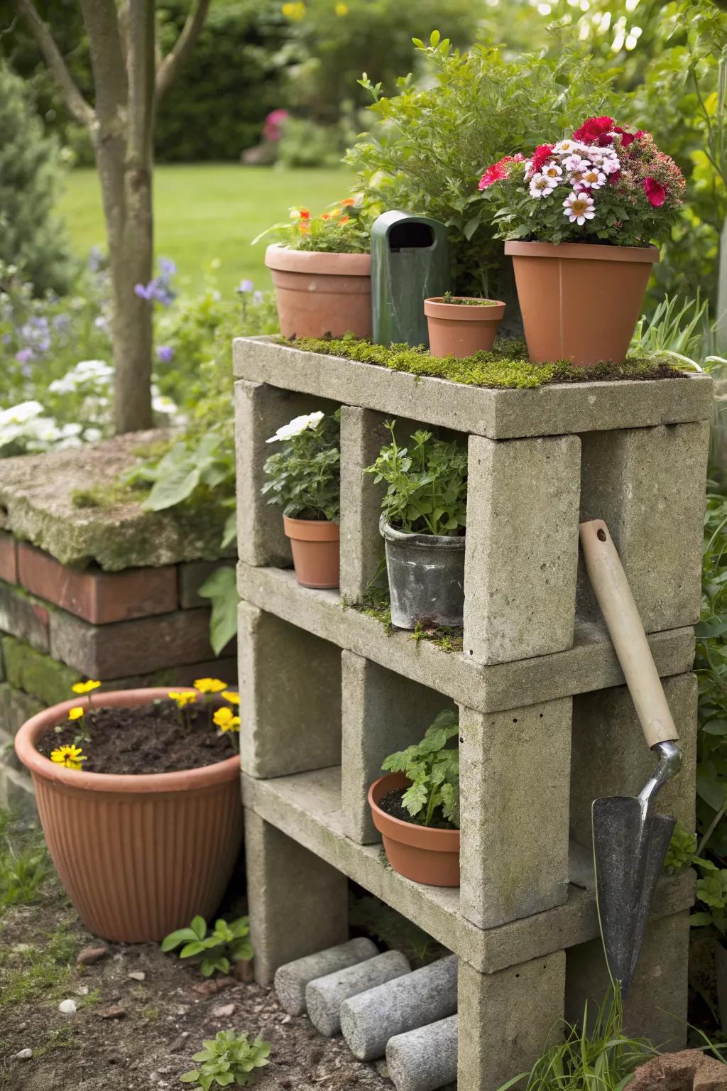 Cinder block shelves combine durability with a modern aesthetic.