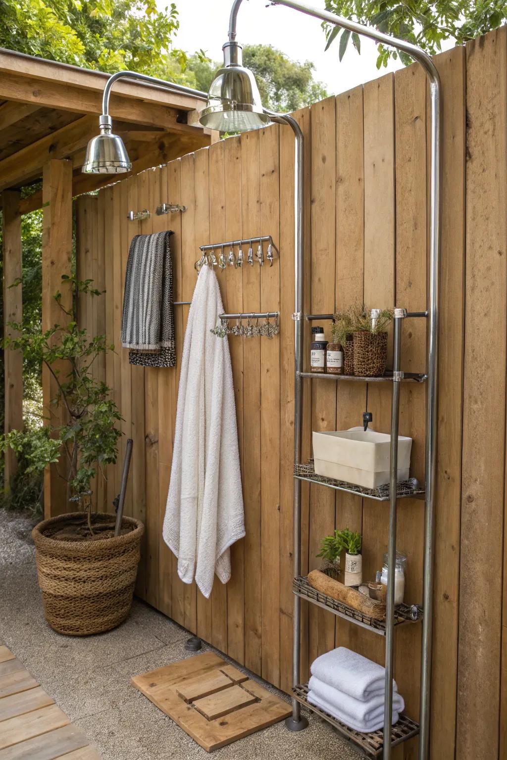 Hooks and racks offer practical storage solutions for outdoor showers.