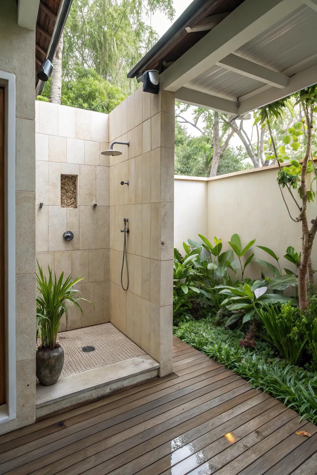 A soothing outdoor shower with neutral tiles and minimalist design.