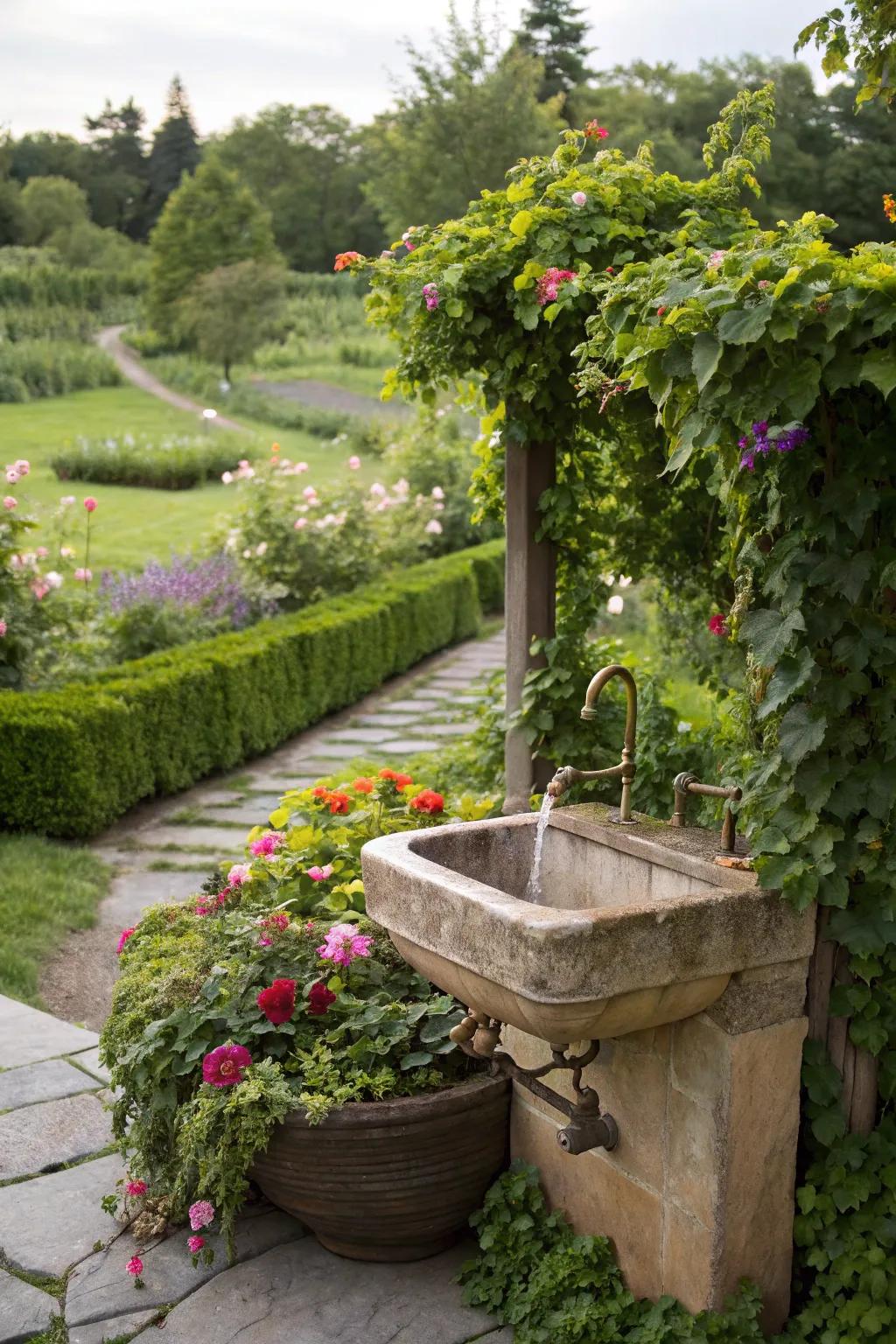 A garden-integrated sink surrounded by lush greenery.