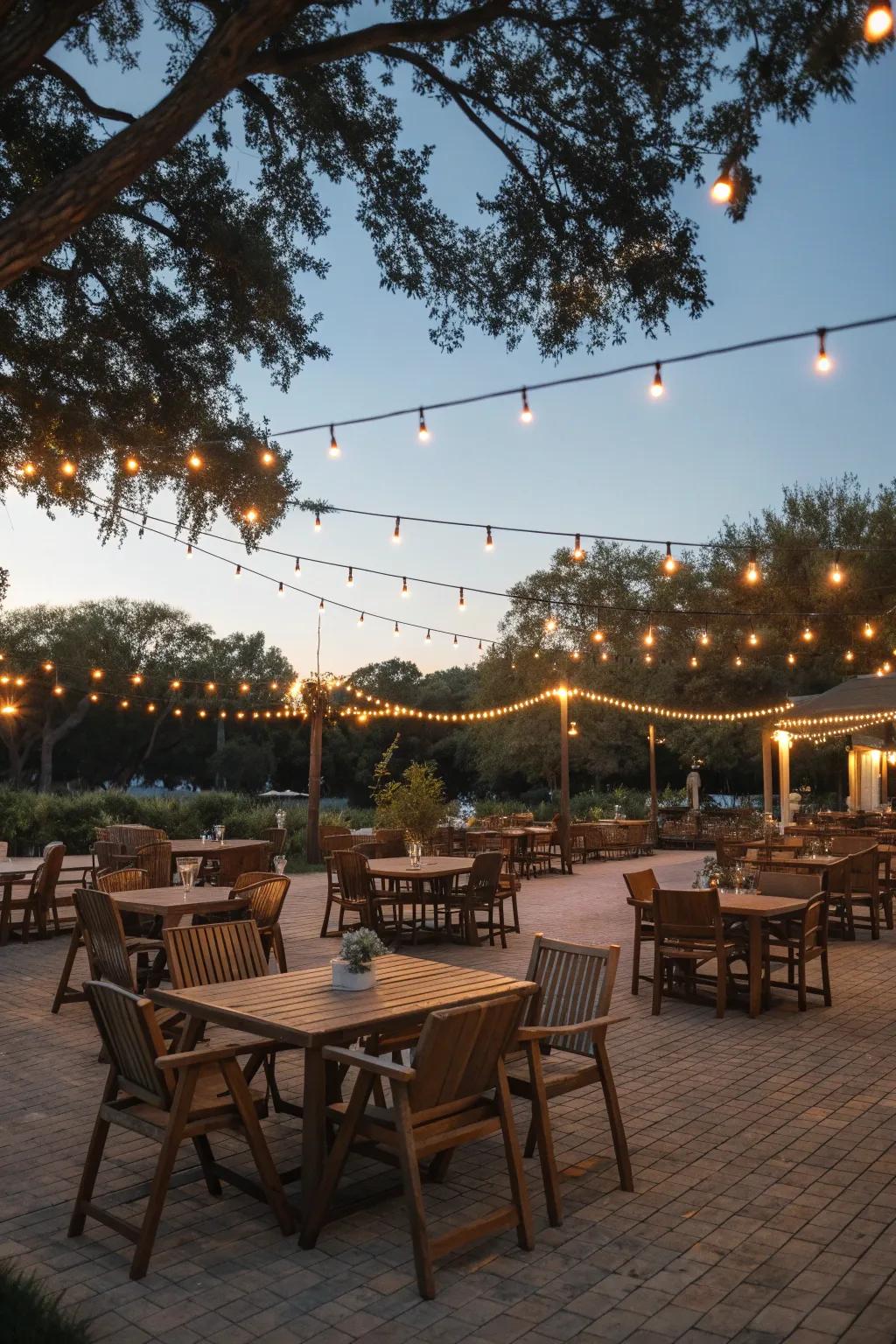 A charming outdoor seating area illuminated by twinkling string lights.