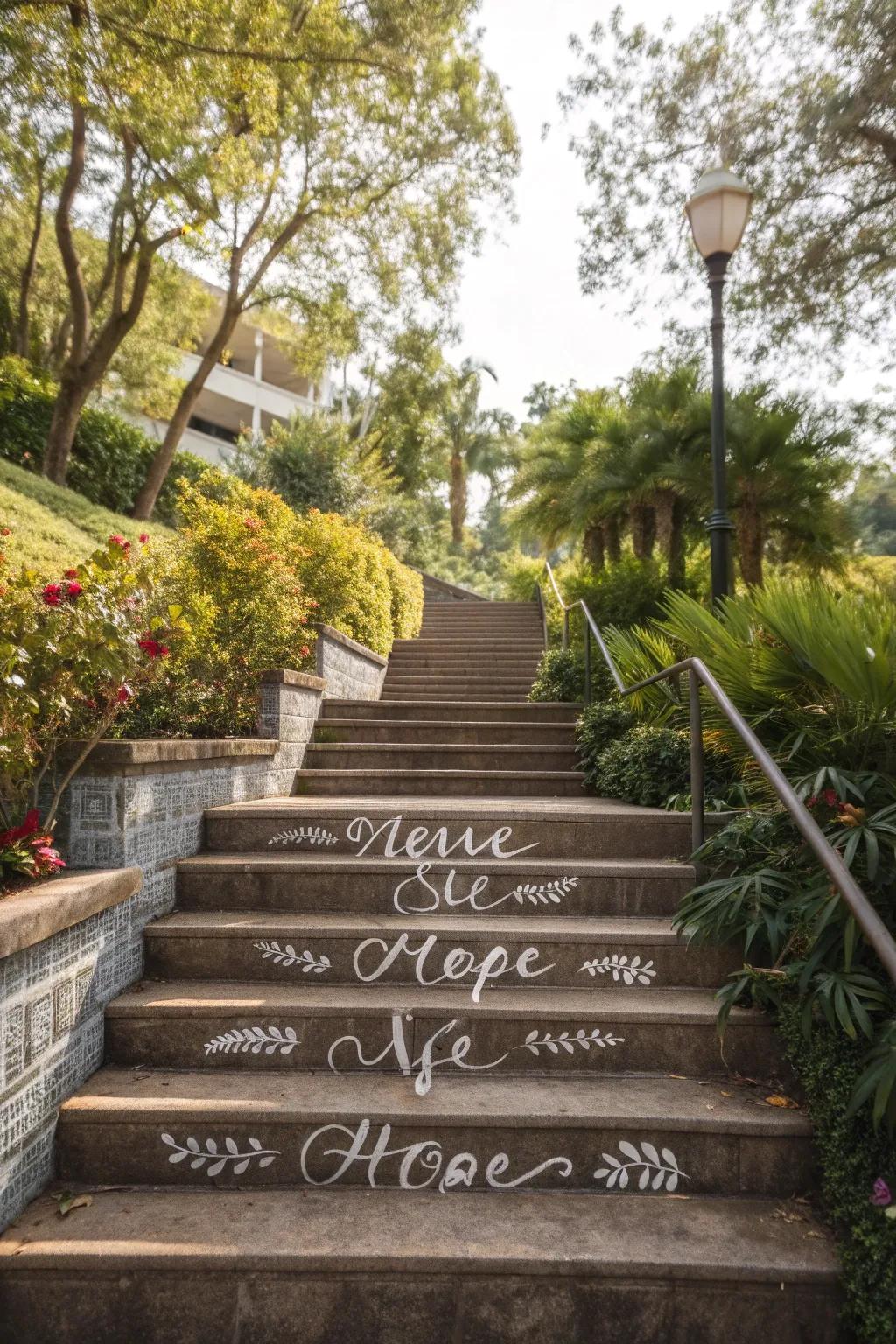 Painted quotes on stair risers add an inspiring touch to your garden.
