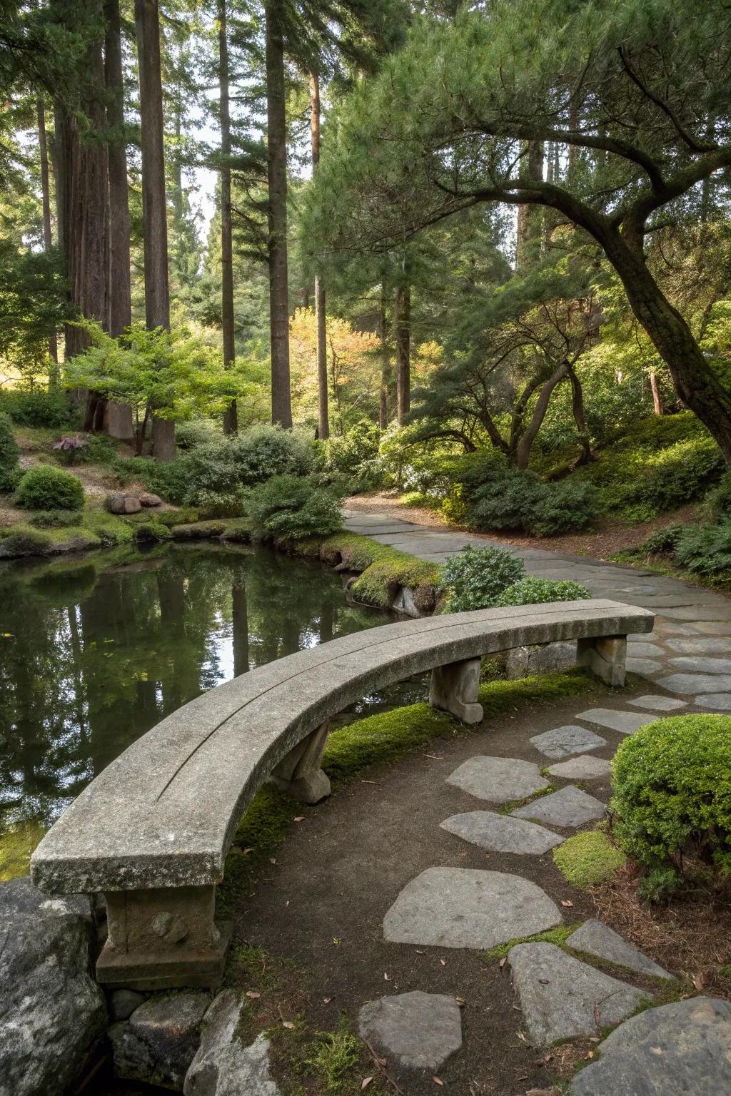 A gracefully curved stone bench, perfect for social gatherings.