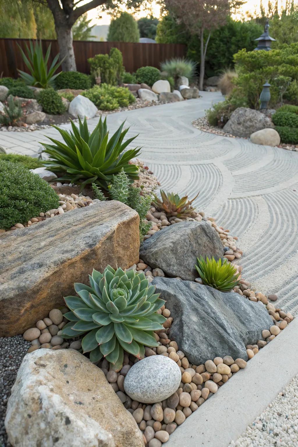 A tranquil Zen garden featuring succulents for a peaceful retreat.