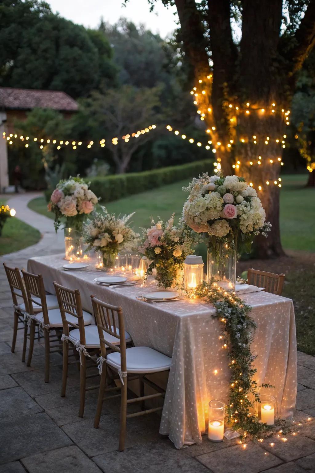 Floral centerpieces with lights add a natural and enchanting touch.