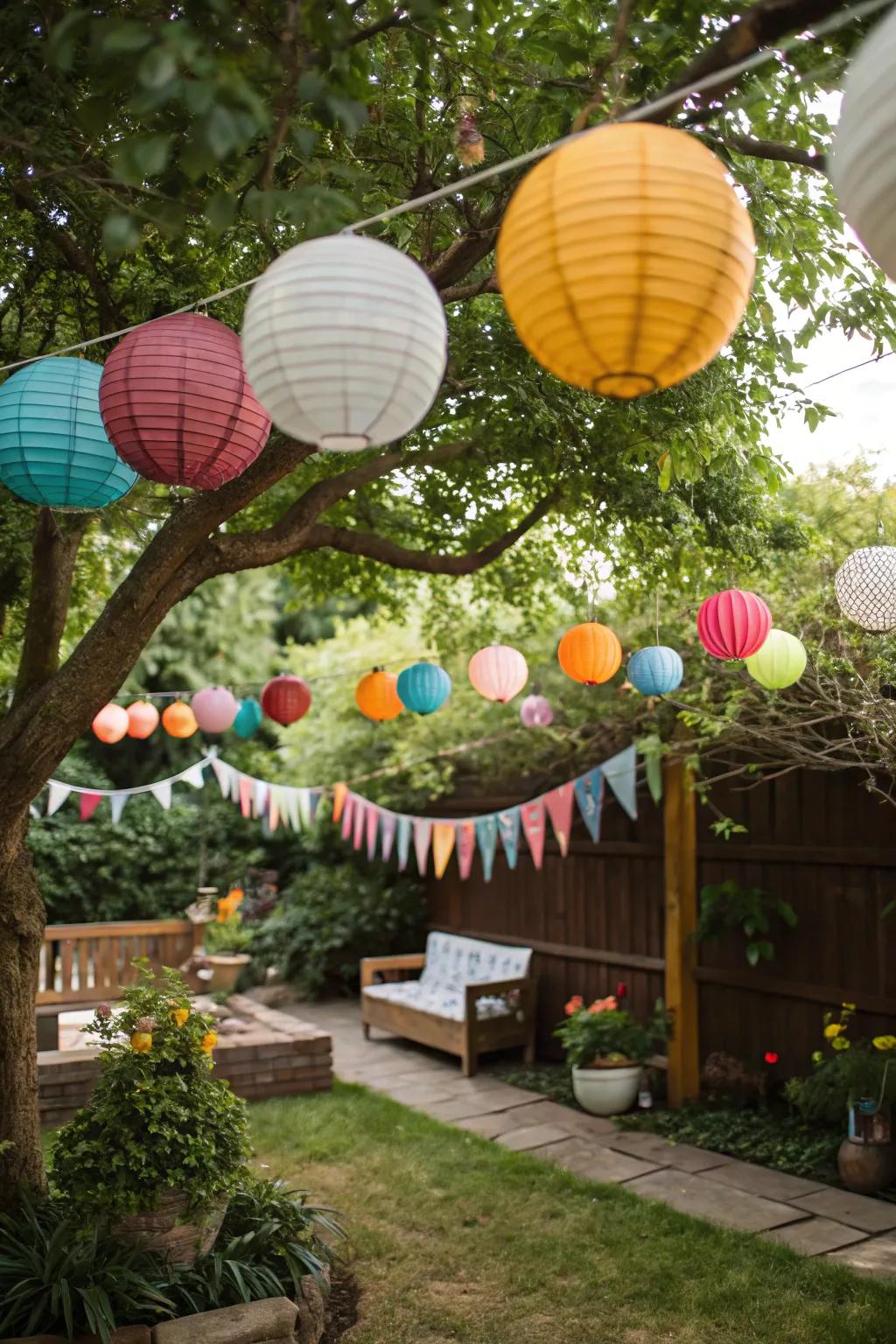 Decorative elements like paper lanterns bring color and joy to any outdoor setting.