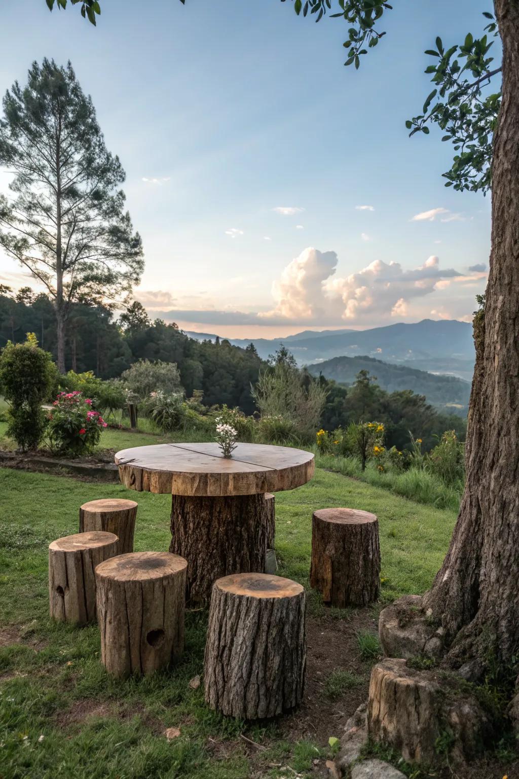 A harmonious setup with a tree stump table and stools.