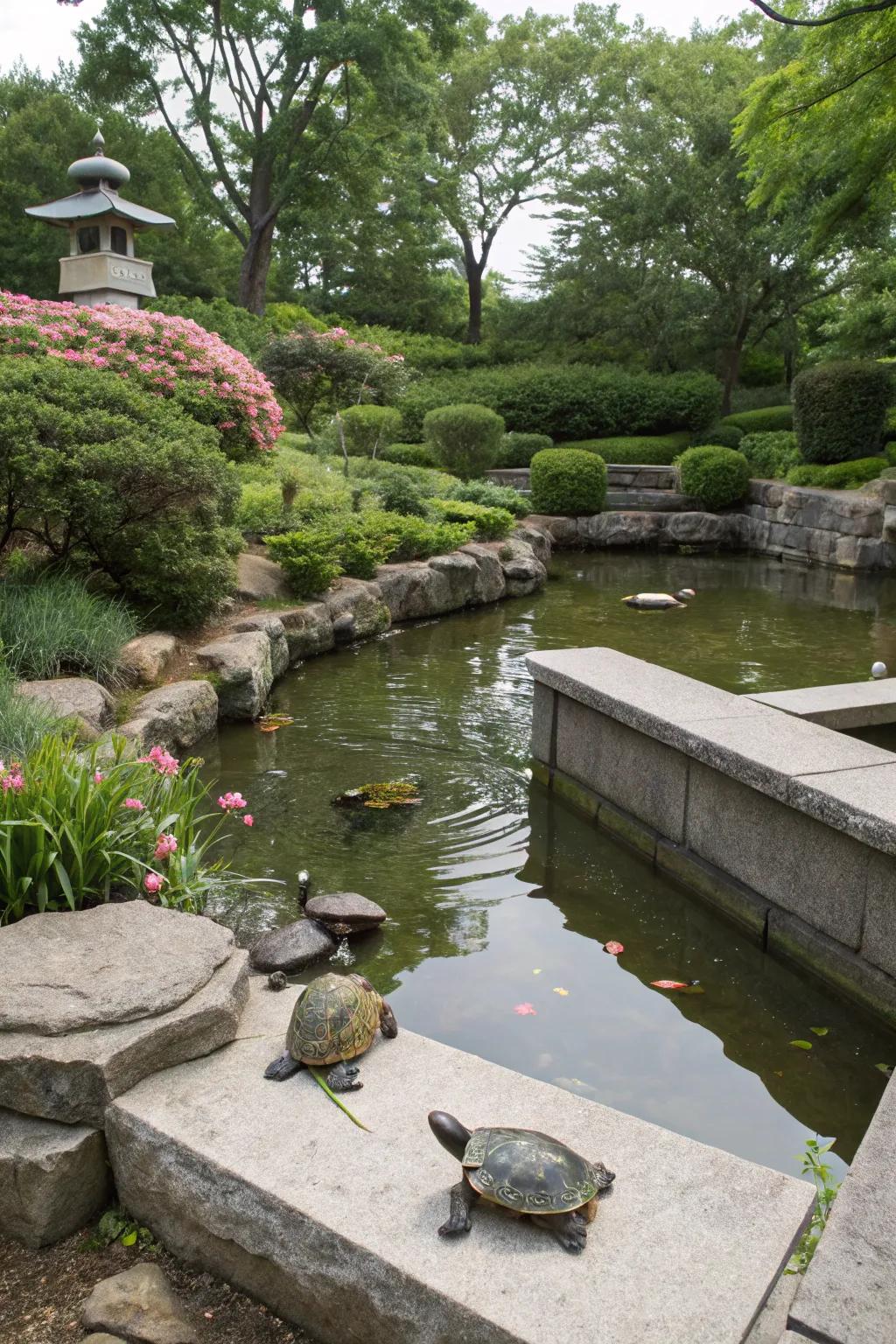 Rustic stone enclosures secure the turtle pond.