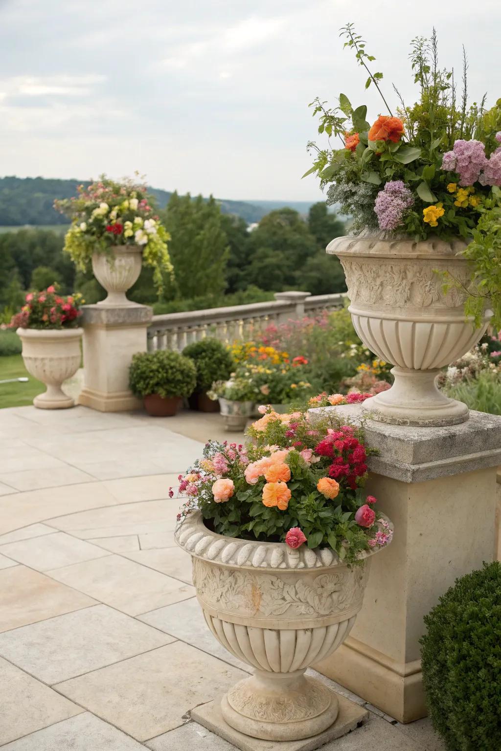 Sculptural ceramic vases enhancing a patio with artistic flair.
