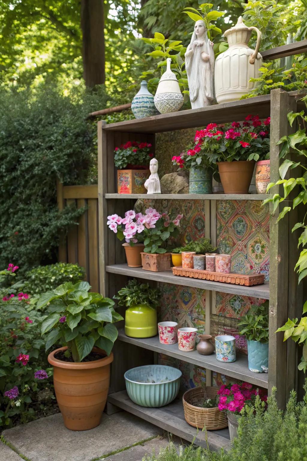 A blend of decorative items and plants on outdoor shelves.