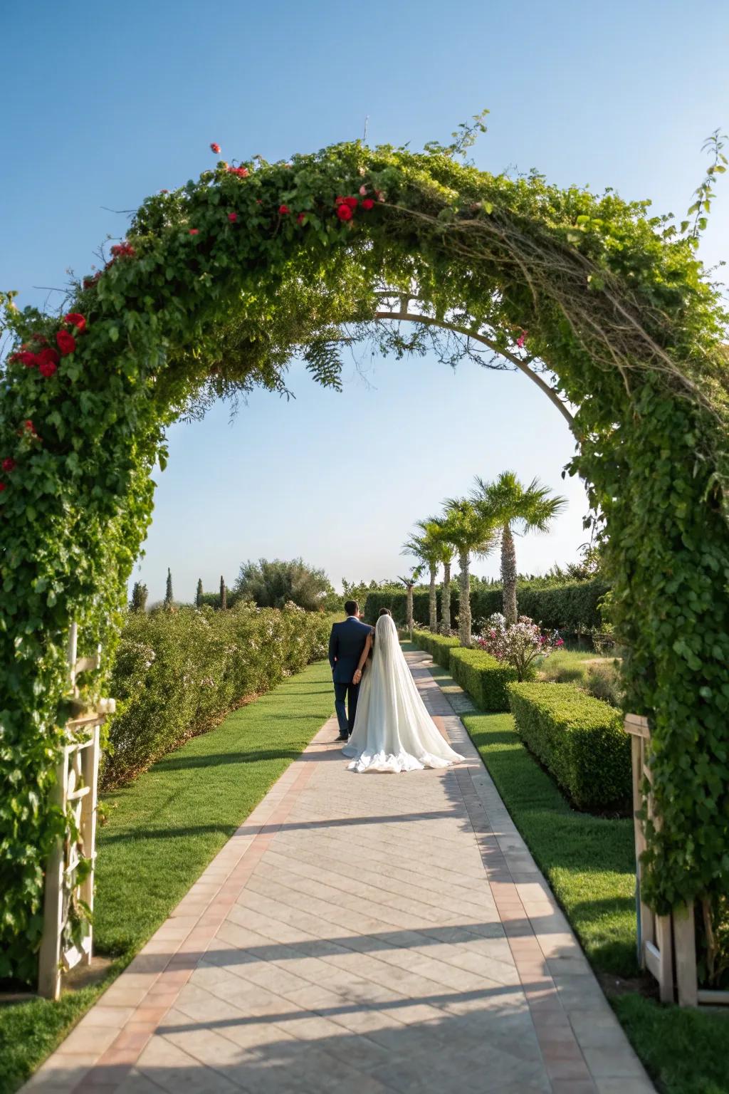 A natural archway of greenery over a wedding walkway
