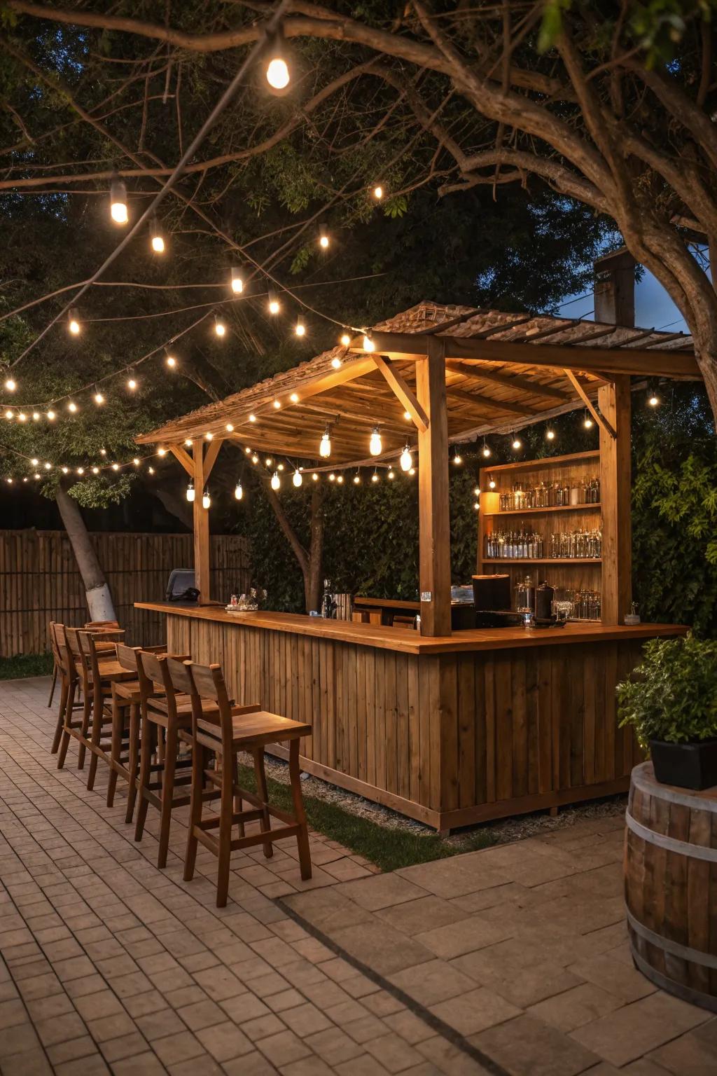 A wood bar illuminated by charming string lights, creating a cozy atmosphere.