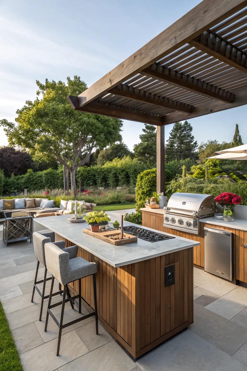 An outdoor kitchen island offers functionality and style.