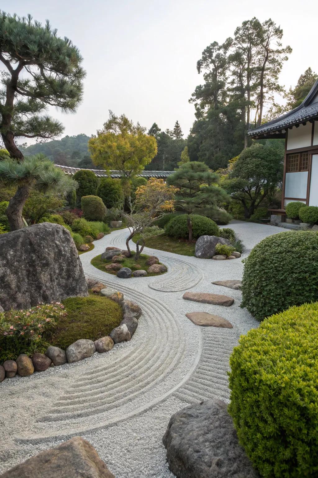 Meandering pathways create a journey through the zen garden