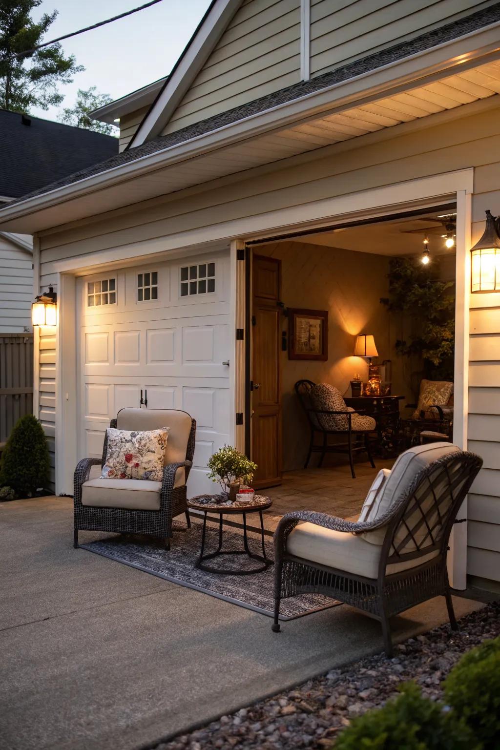 A seating area transforms your garage space into a social spot.