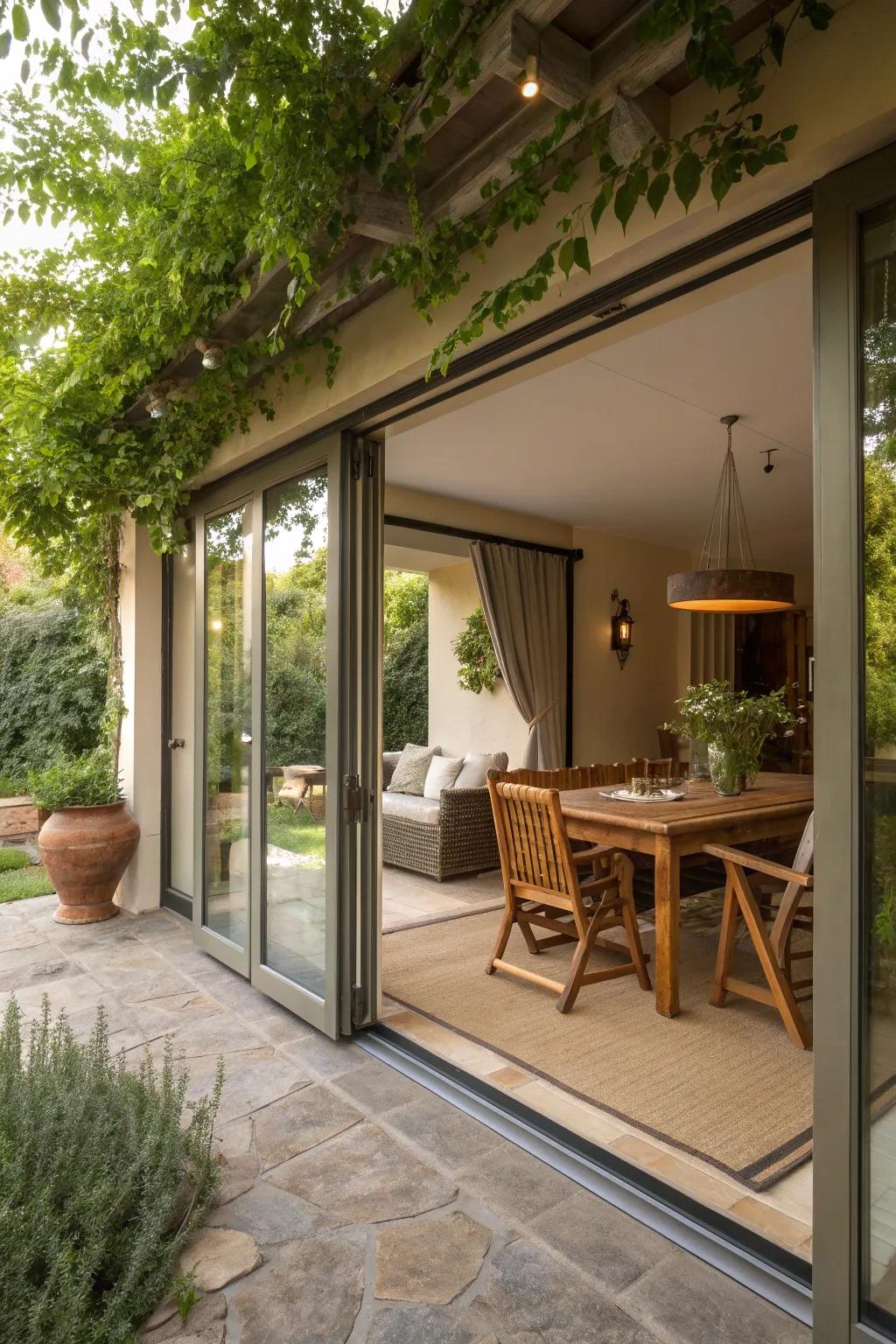Create an inviting outdoor living room with sliding doors.