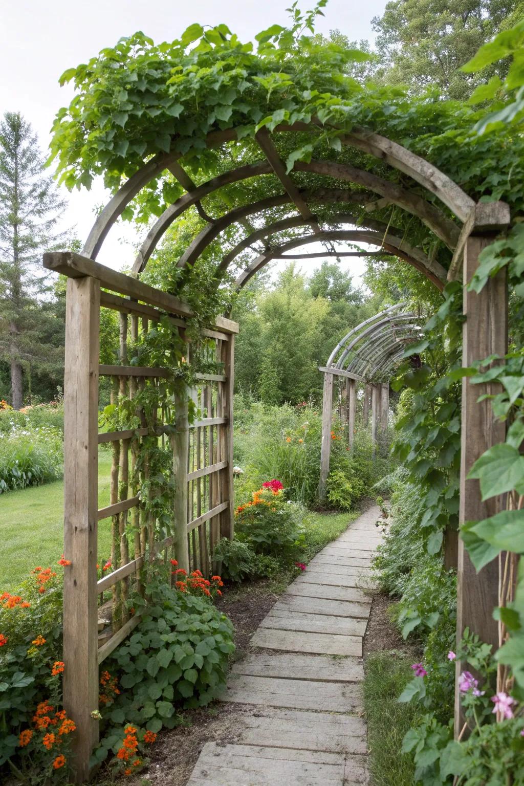 A DIY tunnel trellis offering a whimsical walkway enveloped in foliage.
