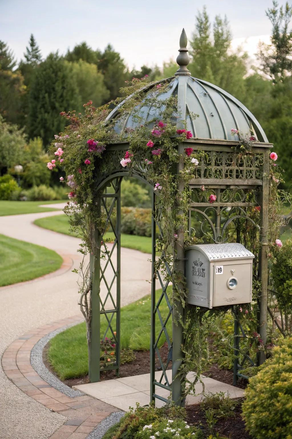 A discreet mailbox within a charming garden gazebo.
